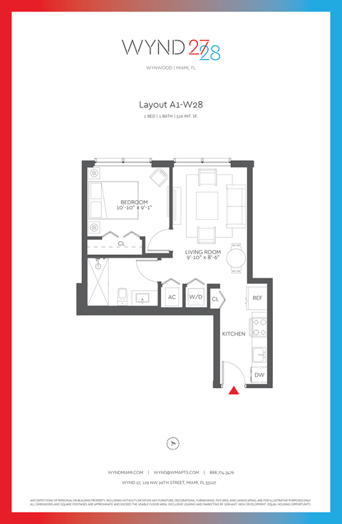 Floor plan for 1 bed, 1 bath, 516 sqft